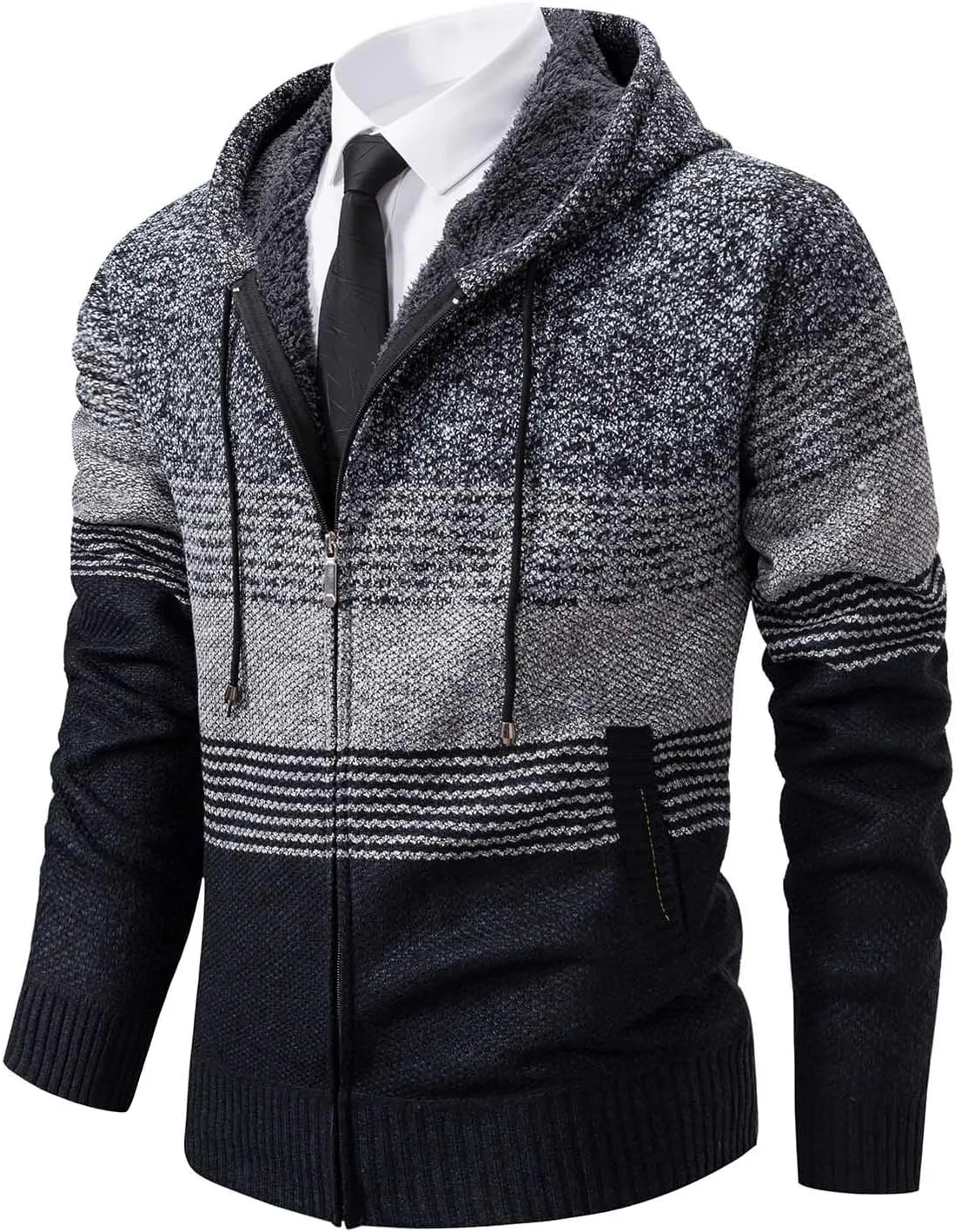 Mylldey Mens Hoodies Knit Sweater, Full Zip Fleece Lined Cardigan Sweaters Casual Regular Fit Knit Hooded Men Sweater Jacket