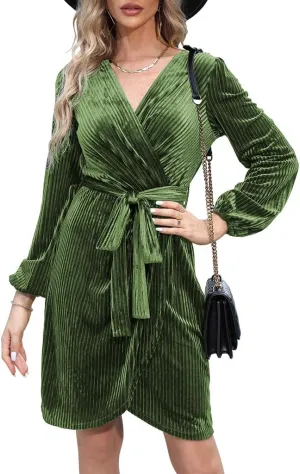 Naggoo Women's Long Sleeve Wrap Dress Semi Formal Velvet Mini Dress Sexy V Neck Cocktail Party Club Dress
