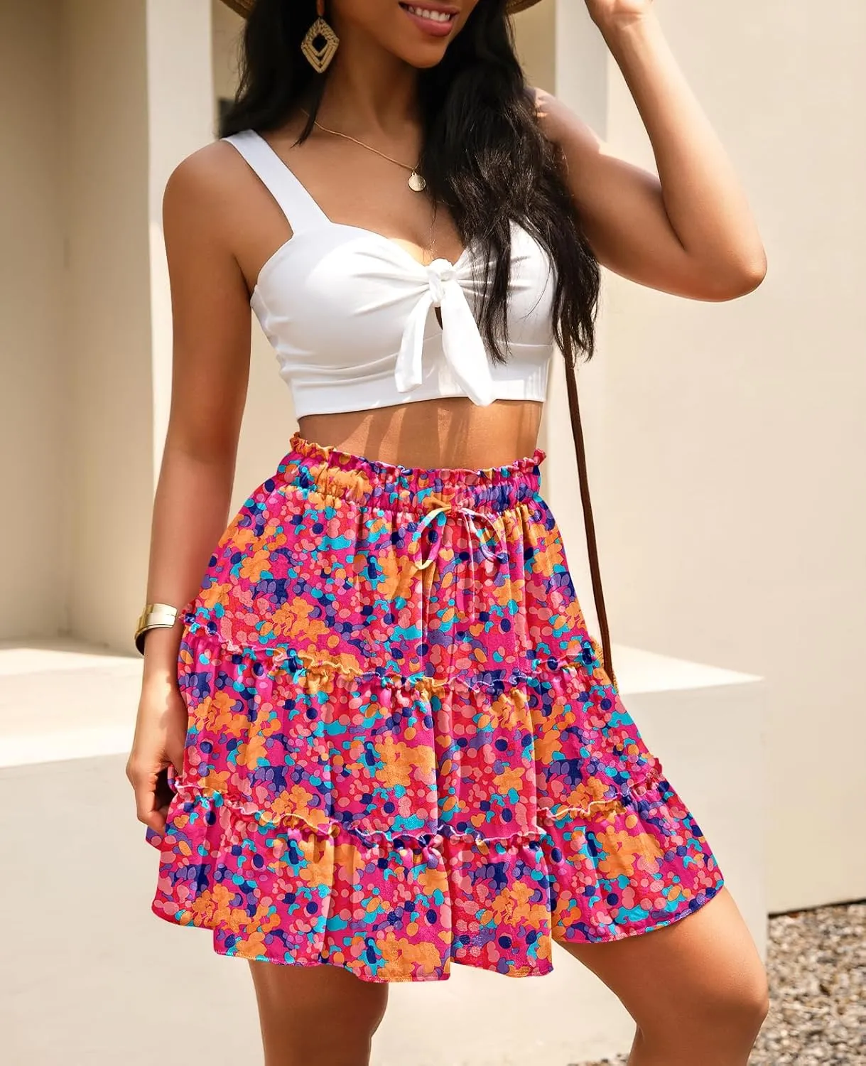 NASHALYLY Women's Summer Boho Floral Print Mini Skirt High Waist Drawstring Tiered Skirts