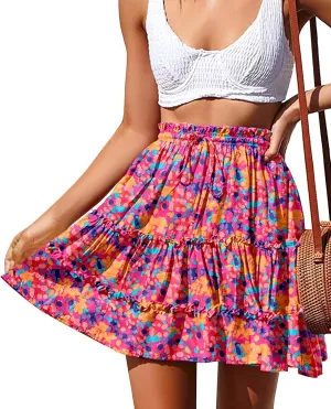 NASHALYLY Women's Summer Boho Floral Print Mini Skirt High Waist Drawstring Tiered Skirts