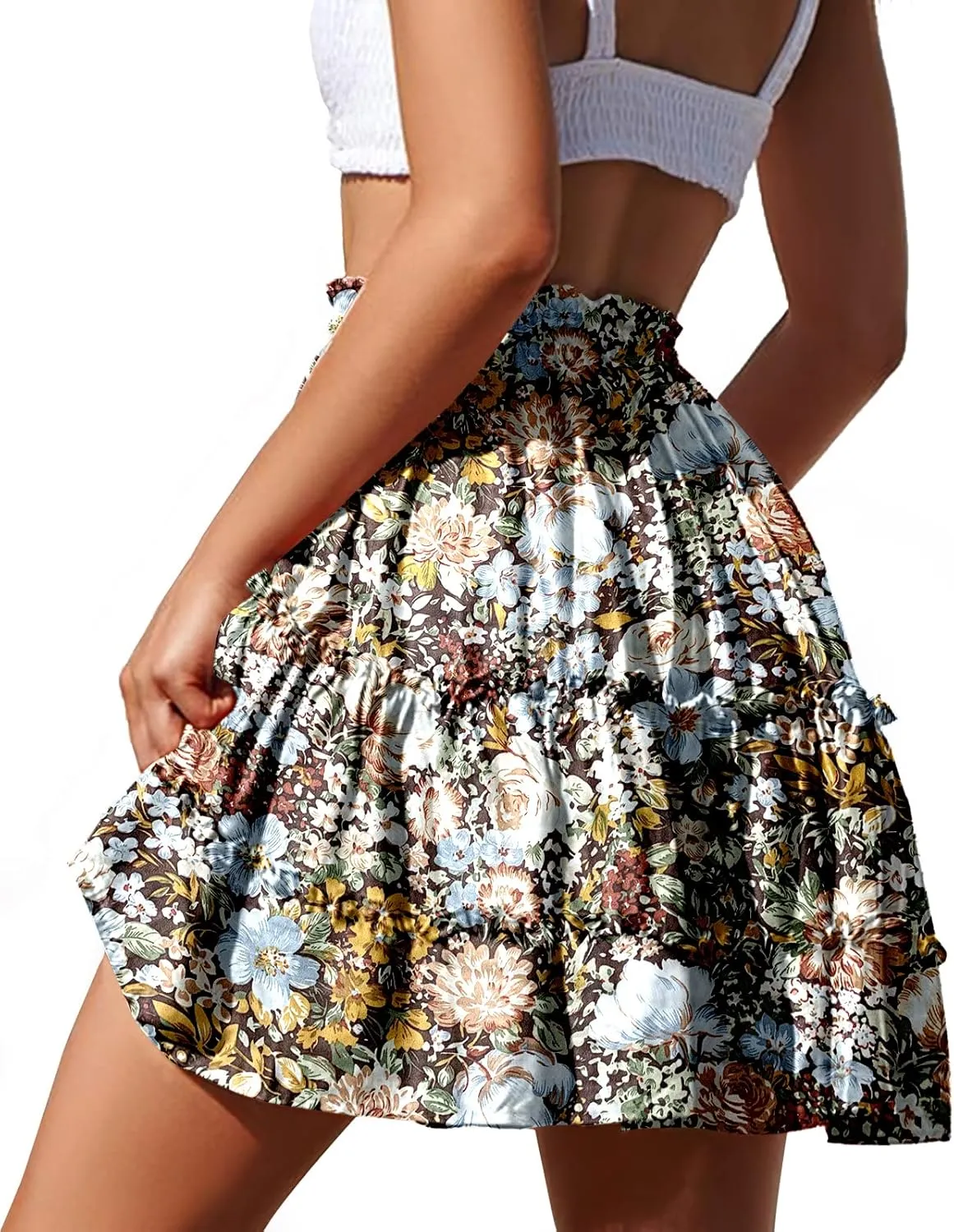 NASHALYLY Women's Summer Boho Floral Print Mini Skirt High Waist Drawstring Tiered Skirts