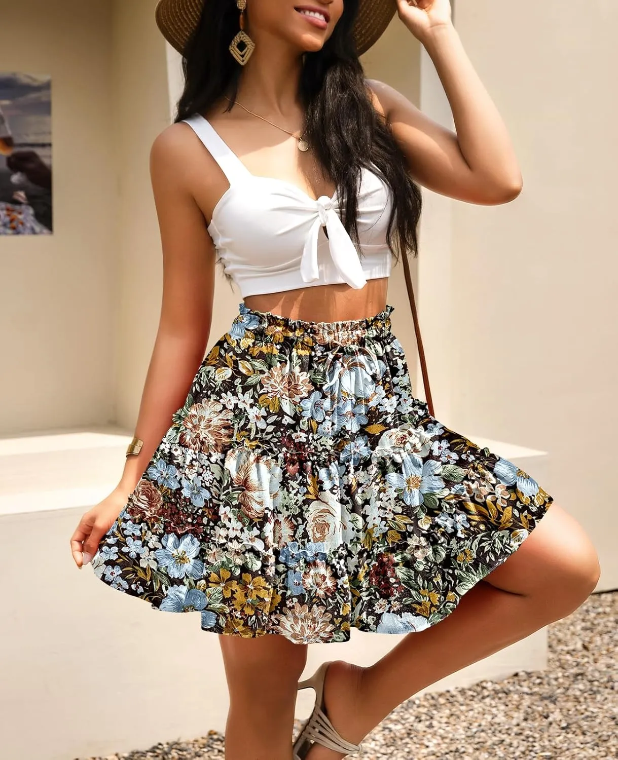 NASHALYLY Women's Summer Boho Floral Print Mini Skirt High Waist Drawstring Tiered Skirts