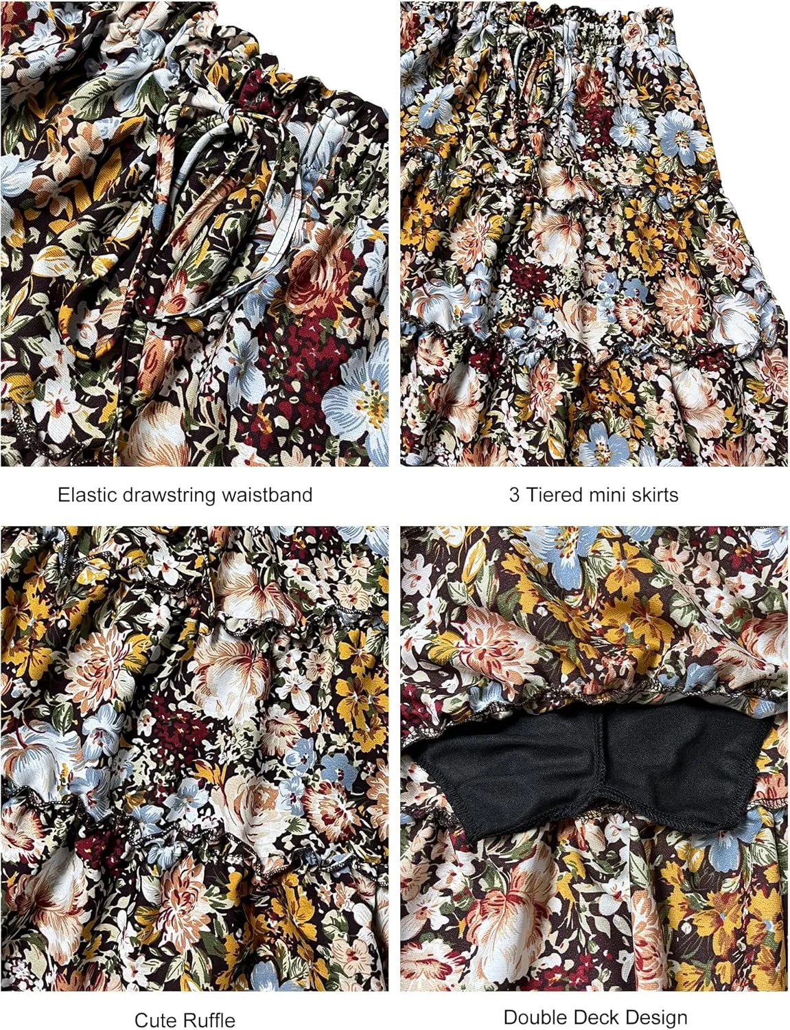 NASHALYLY Women's Summer Boho Floral Print Mini Skirt High Waist Drawstring Tiered Skirts