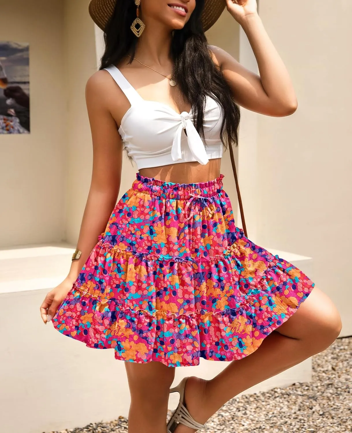 NASHALYLY Women's Summer Boho Floral Print Mini Skirt High Waist Drawstring Tiered Skirts