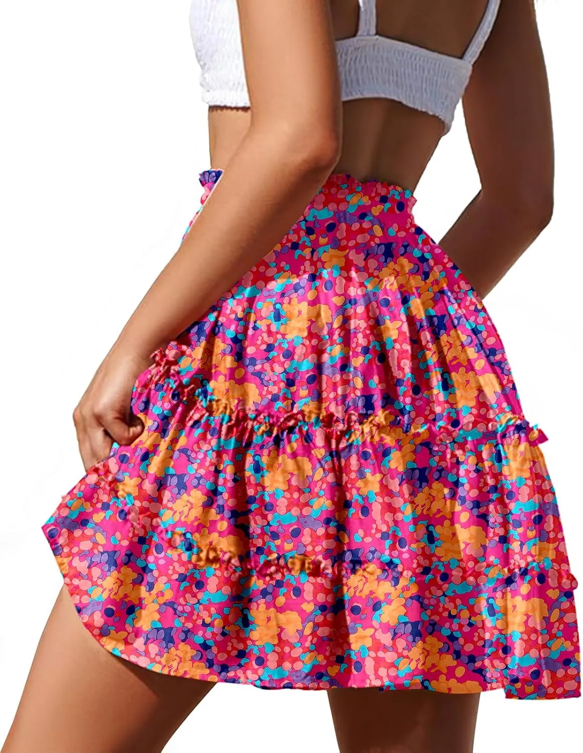 NASHALYLY Women's Summer Boho Floral Print Mini Skirt High Waist Drawstring Tiered Skirts