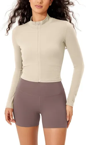 ODODOS Women's Cloud Feeling Athletic Jacket Full Zip Mock Neck Long Sleeve Lightweight Workout Cropped Top