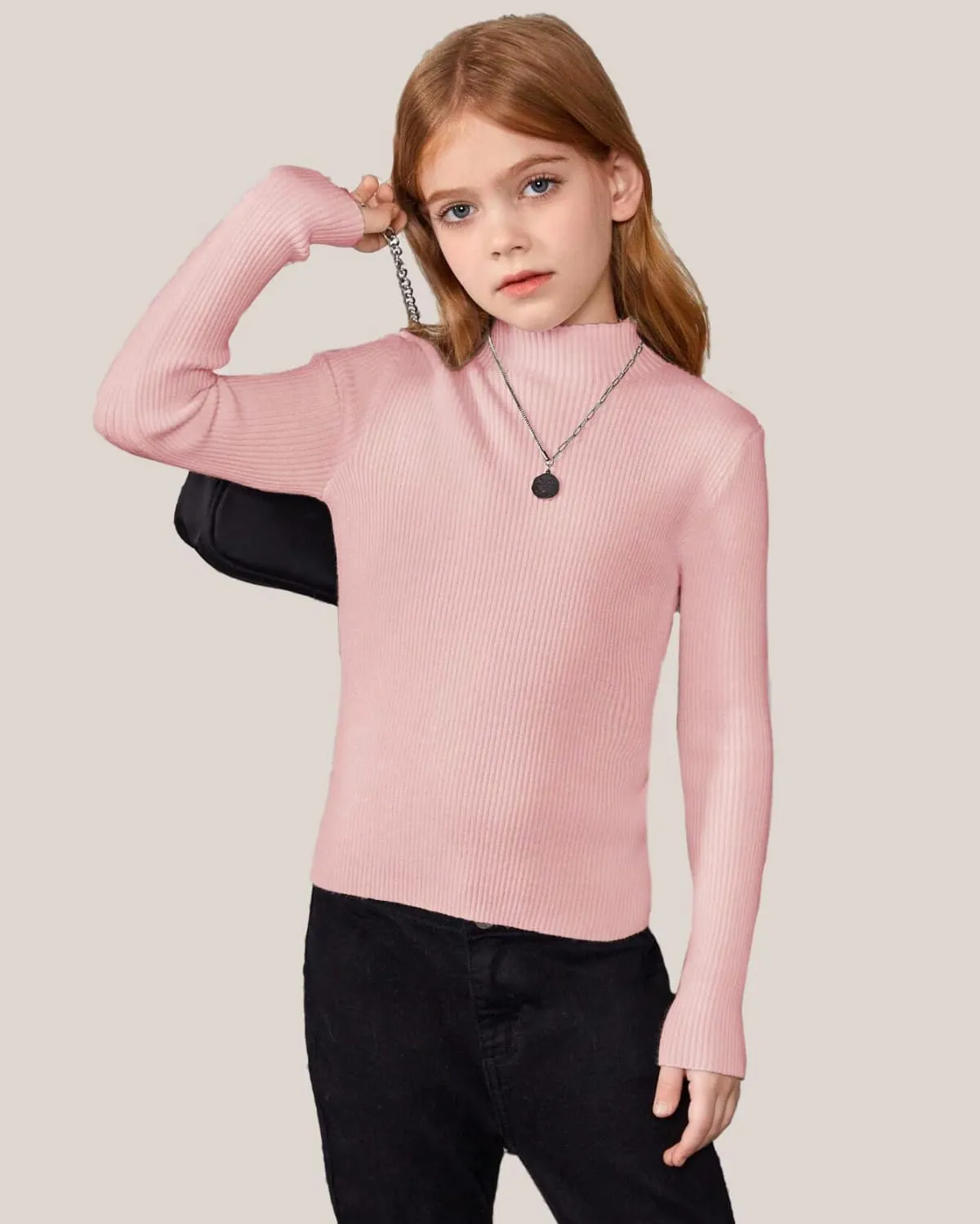 OEBLD Girl's Mock Turtleneck Sweater Ribbed Knit Long Sleeve Pullover Soft Stretch Slim Fitted Top