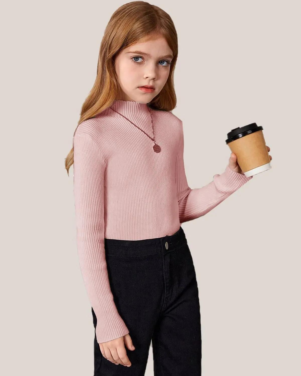 OEBLD Girl's Mock Turtleneck Sweater Ribbed Knit Long Sleeve Pullover Soft Stretch Slim Fitted Top