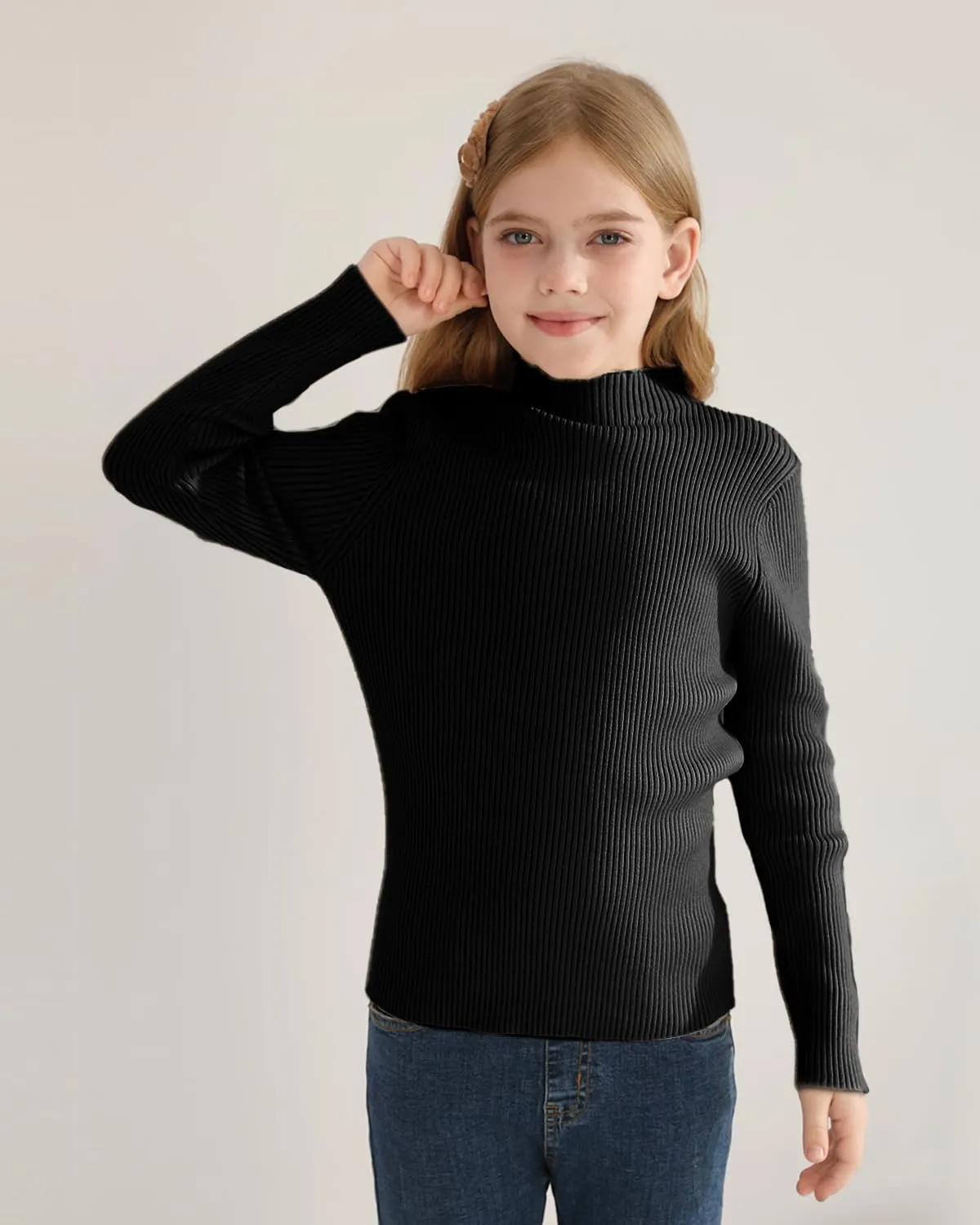 OEBLD Girl's Mock Turtleneck Sweater Ribbed Knit Long Sleeve Pullover Soft Stretch Slim Fitted Top
