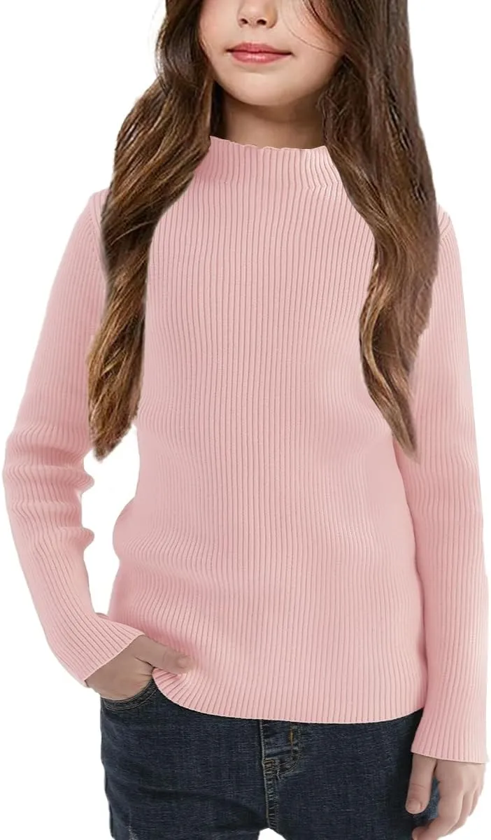 OEBLD Girl's Mock Turtleneck Sweater Ribbed Knit Long Sleeve Pullover Soft Stretch Slim Fitted Top