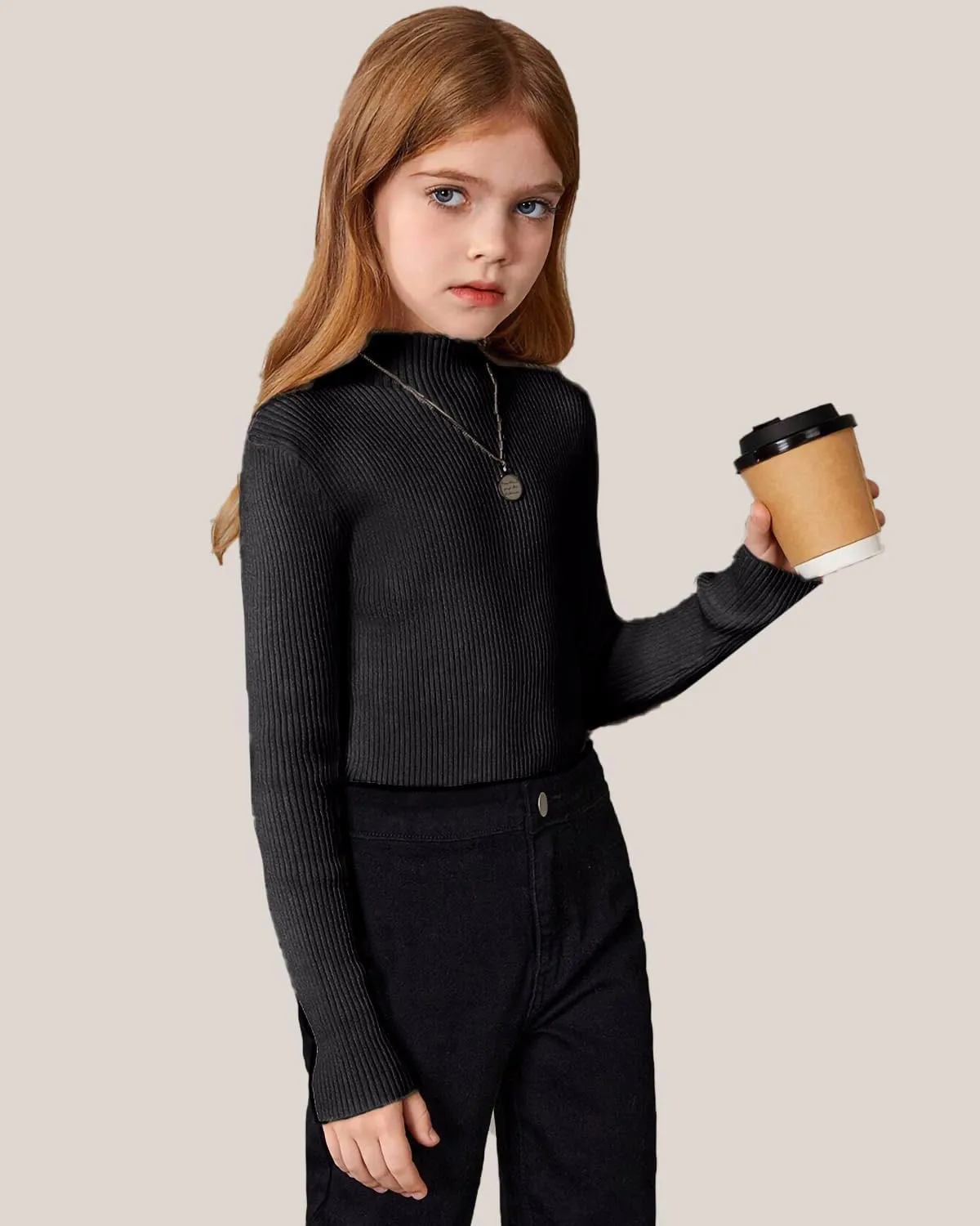 OEBLD Girl's Mock Turtleneck Sweater Ribbed Knit Long Sleeve Pullover Soft Stretch Slim Fitted Top