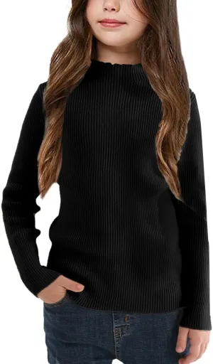 OEBLD Girl's Mock Turtleneck Sweater Ribbed Knit Long Sleeve Pullover Soft Stretch Slim Fitted Top
