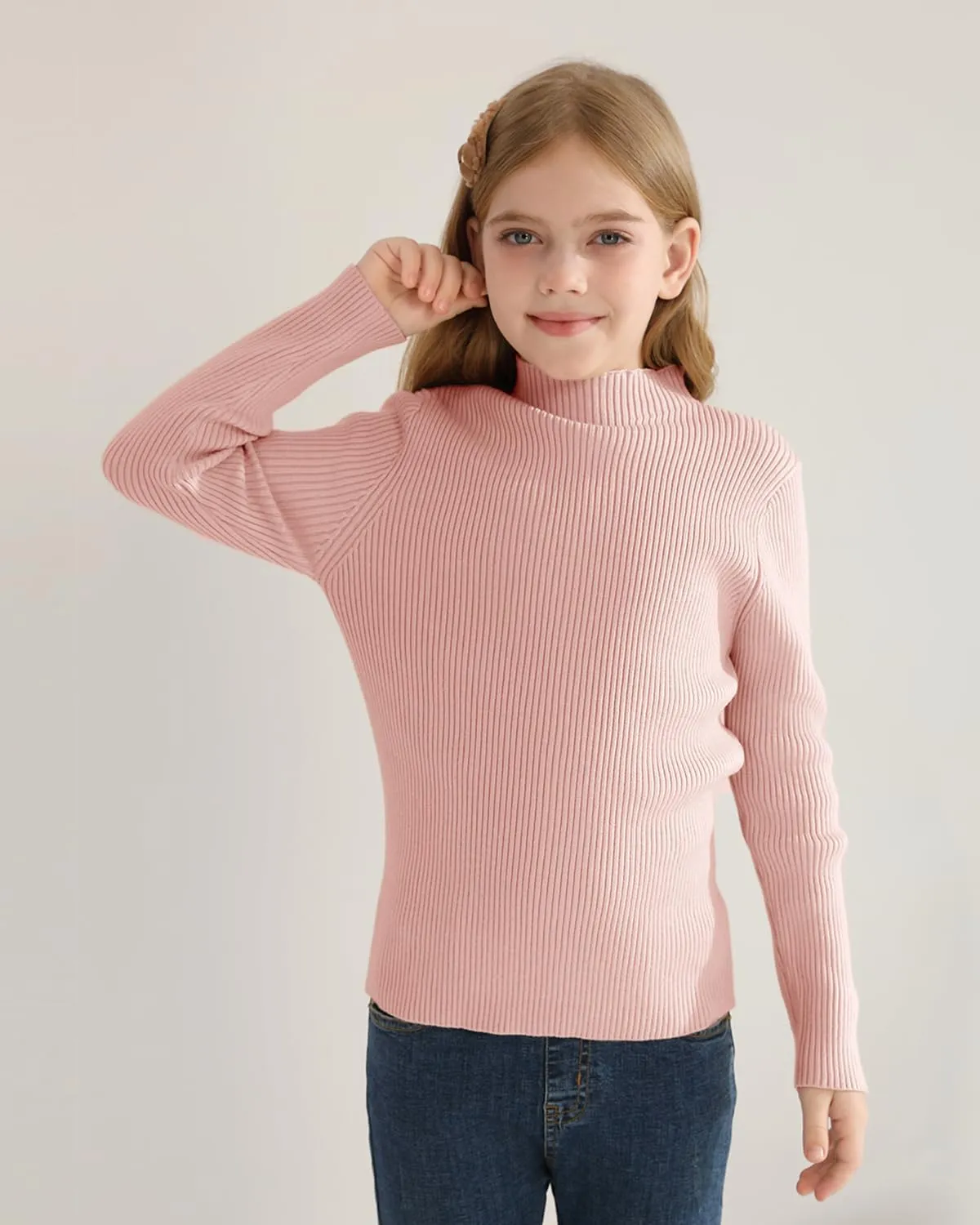 OEBLD Girl's Mock Turtleneck Sweater Ribbed Knit Long Sleeve Pullover Soft Stretch Slim Fitted Top