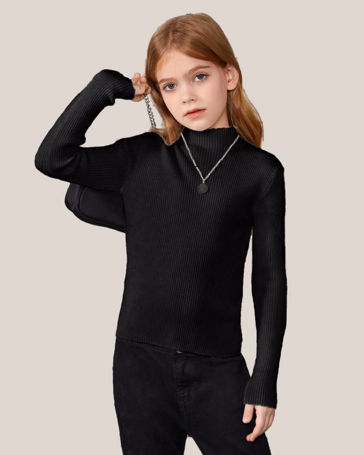 OEBLD Girl's Mock Turtleneck Sweater Ribbed Knit Long Sleeve Pullover Soft Stretch Slim Fitted Top
