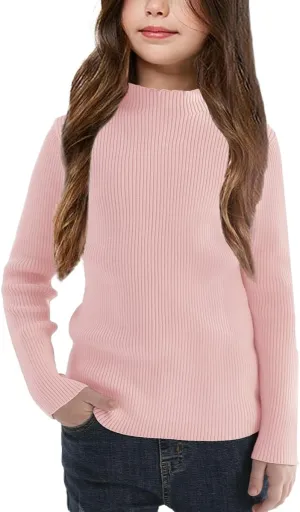 OEBLD Girl's Mock Turtleneck Sweater Ribbed Knit Long Sleeve Pullover Soft Stretch Slim Fitted Top