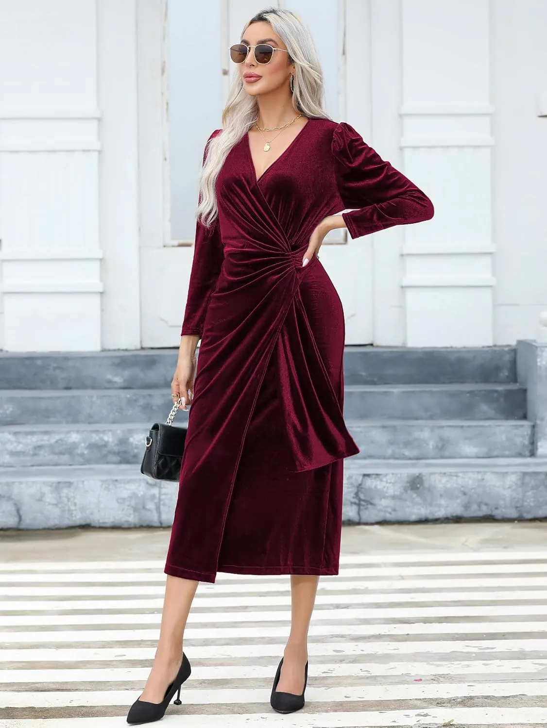 R.Vivimos Womens Velvet V Neck Wrap Dress Fall Winter Long Sleeve Waist Ruched Elastic Elegant Midi Dress