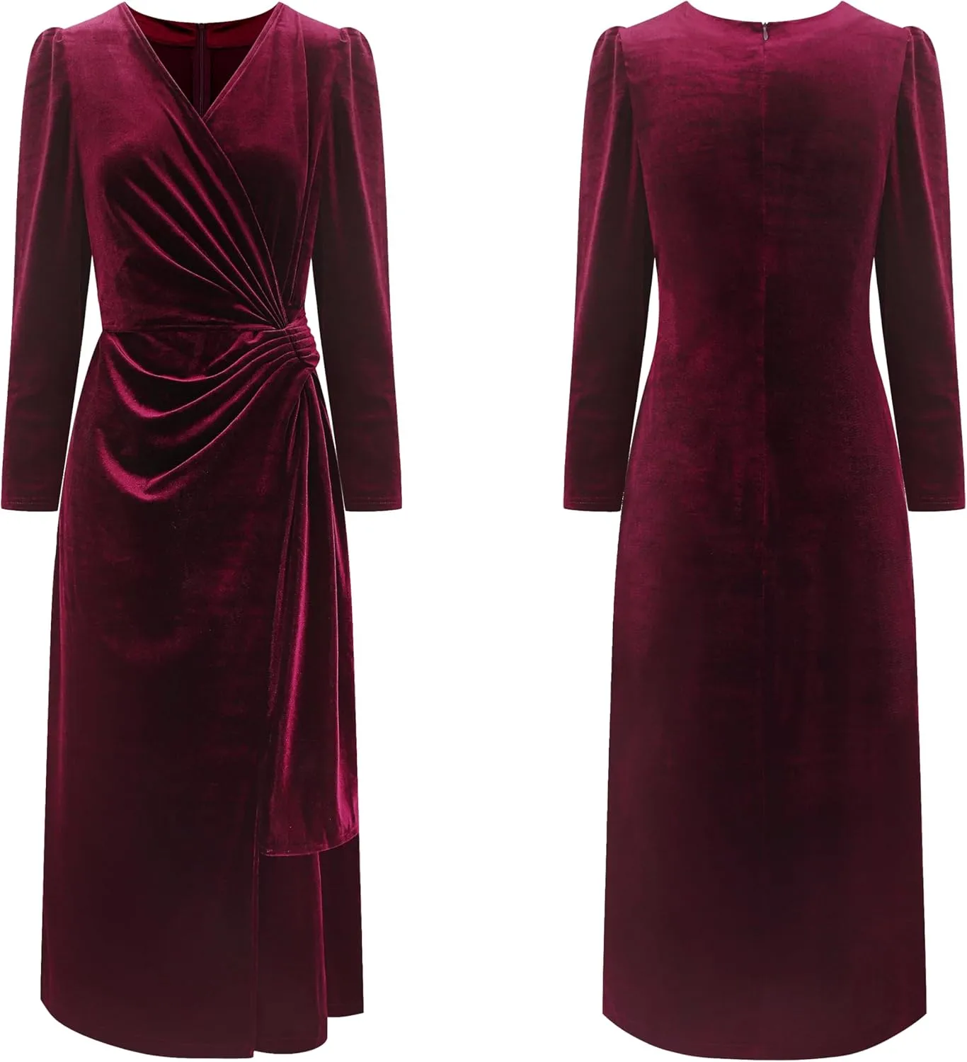 R.Vivimos Womens Velvet V Neck Wrap Dress Fall Winter Long Sleeve Waist Ruched Elastic Elegant Midi Dress