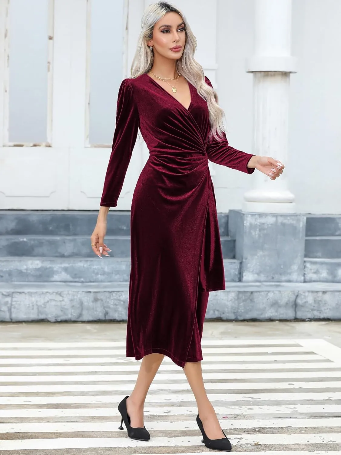 R.Vivimos Womens Velvet V Neck Wrap Dress Fall Winter Long Sleeve Waist Ruched Elastic Elegant Midi Dress