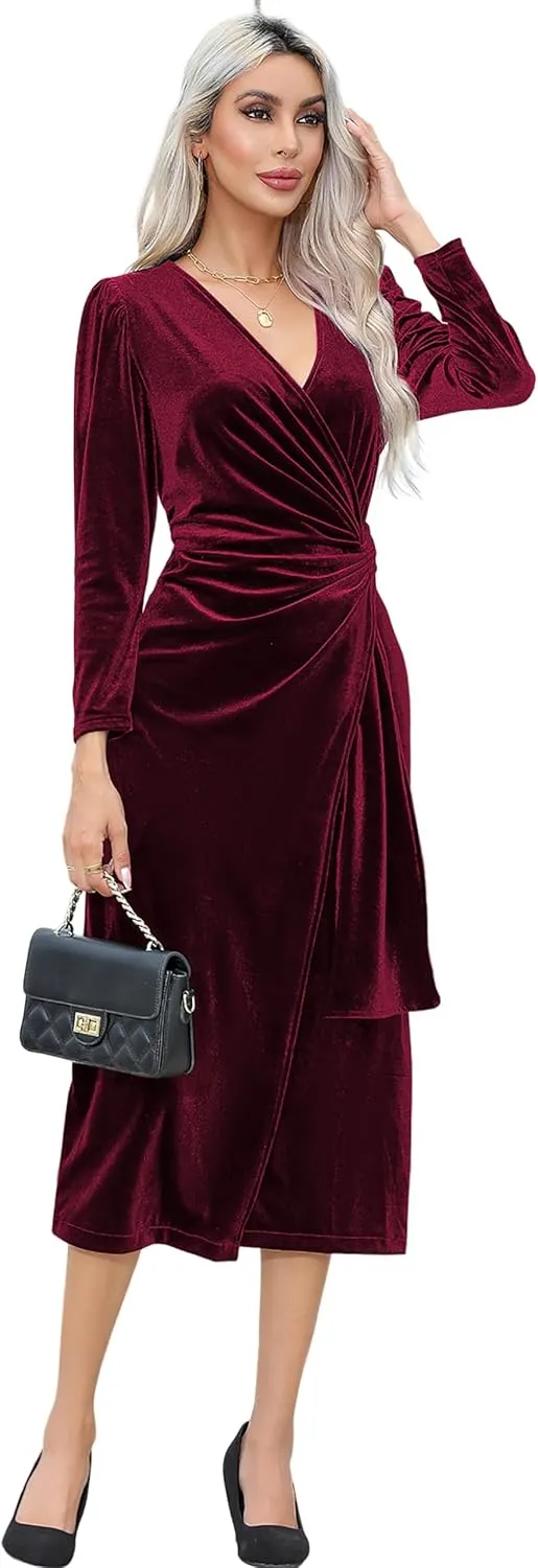 R.Vivimos Womens Velvet V Neck Wrap Dress Fall Winter Long Sleeve Waist Ruched Elastic Elegant Midi Dress