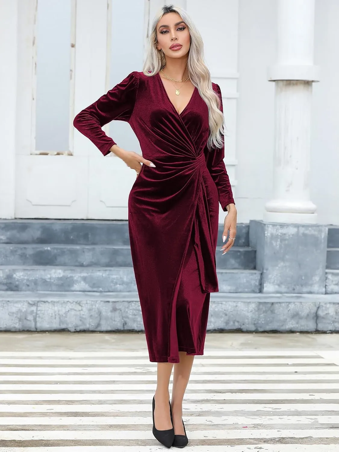 R.Vivimos Womens Velvet V Neck Wrap Dress Fall Winter Long Sleeve Waist Ruched Elastic Elegant Midi Dress