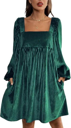 Sexyshine Women's Square Neck Velvet Dress Long Sleeve Tie Back Open Back Ruffle Mini Babydoll Dress