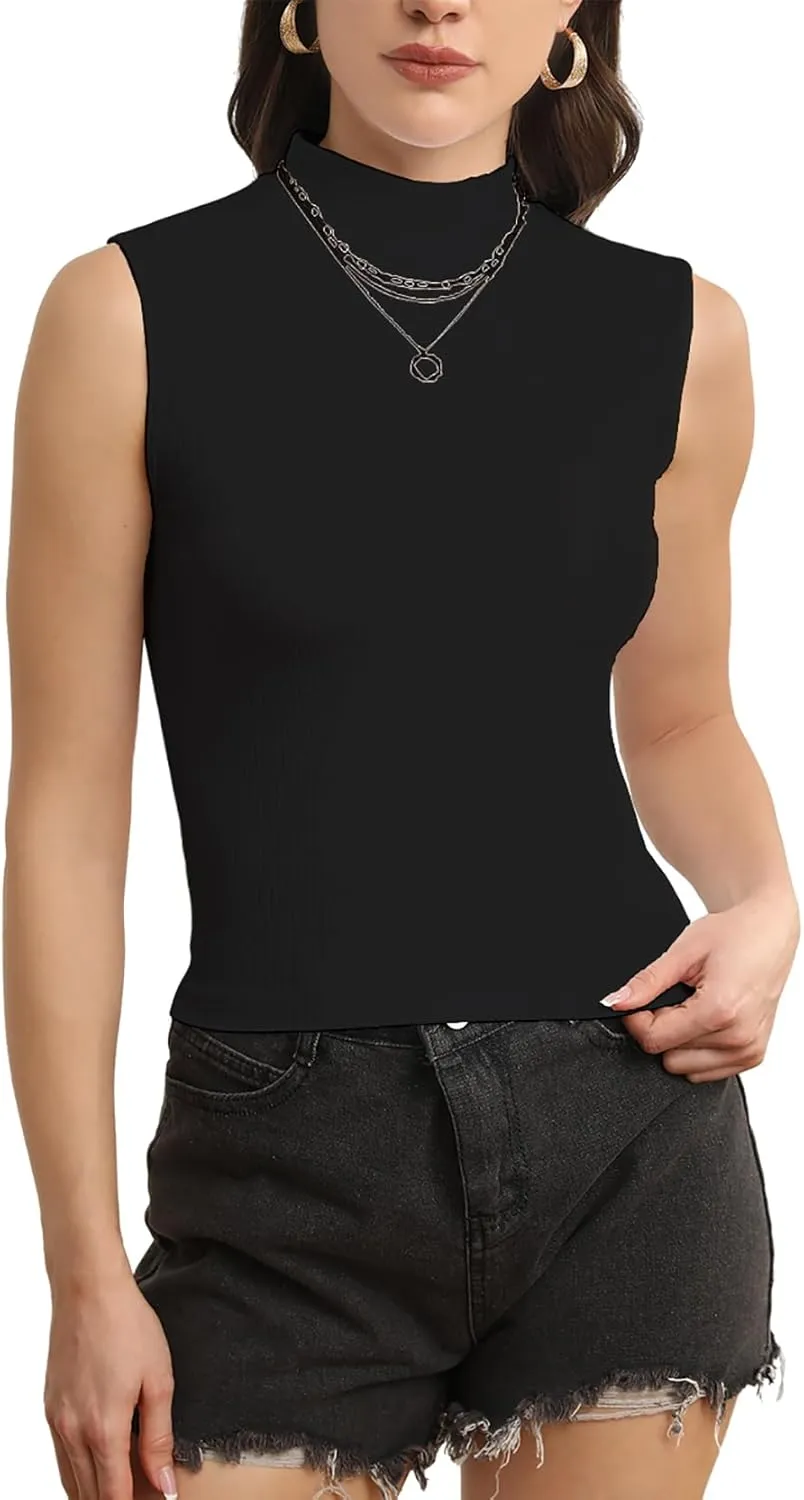 Sleeveless Mock Neck Tops for Women Turtleneck Ribbed Knit Slim Fitted Basic Casual Summer Top Shirts