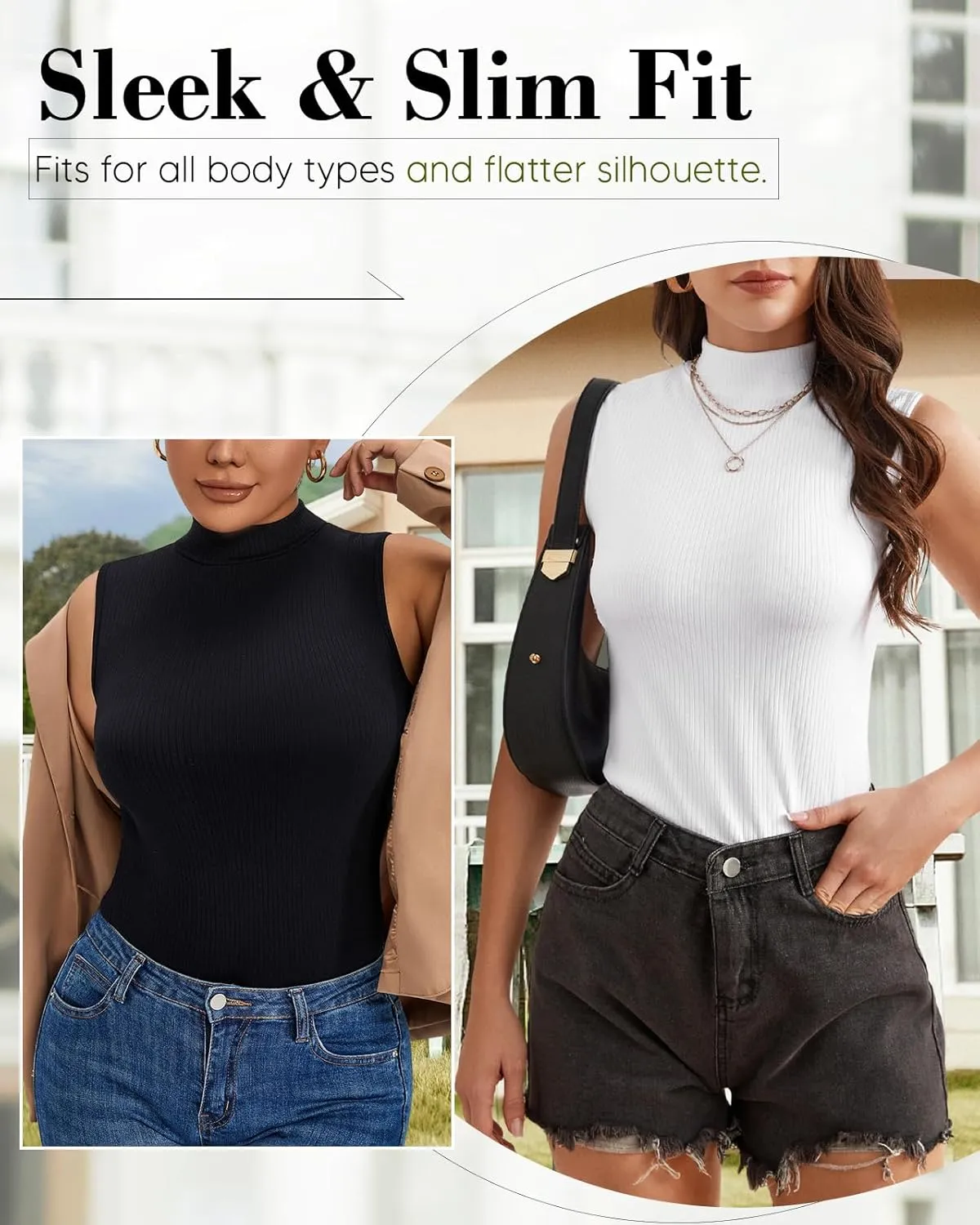Sleeveless Mock Neck Tops for Women Turtleneck Ribbed Knit Slim Fitted Basic Casual Summer Top Shirts