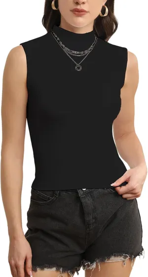 Sleeveless Mock Neck Tops for Women Turtleneck Ribbed Knit Slim Fitted Basic Casual Summer Top Shirts