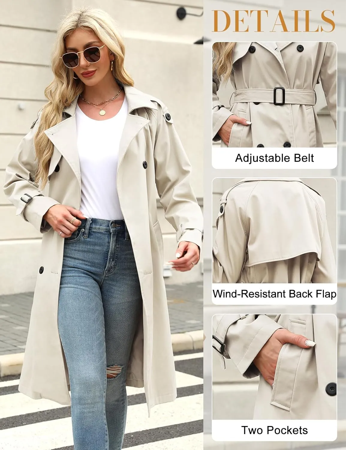 Trench Coat Women Double Breasted Windproof Classic Lapel Belted Long Outerwear Overcoat with Belt
