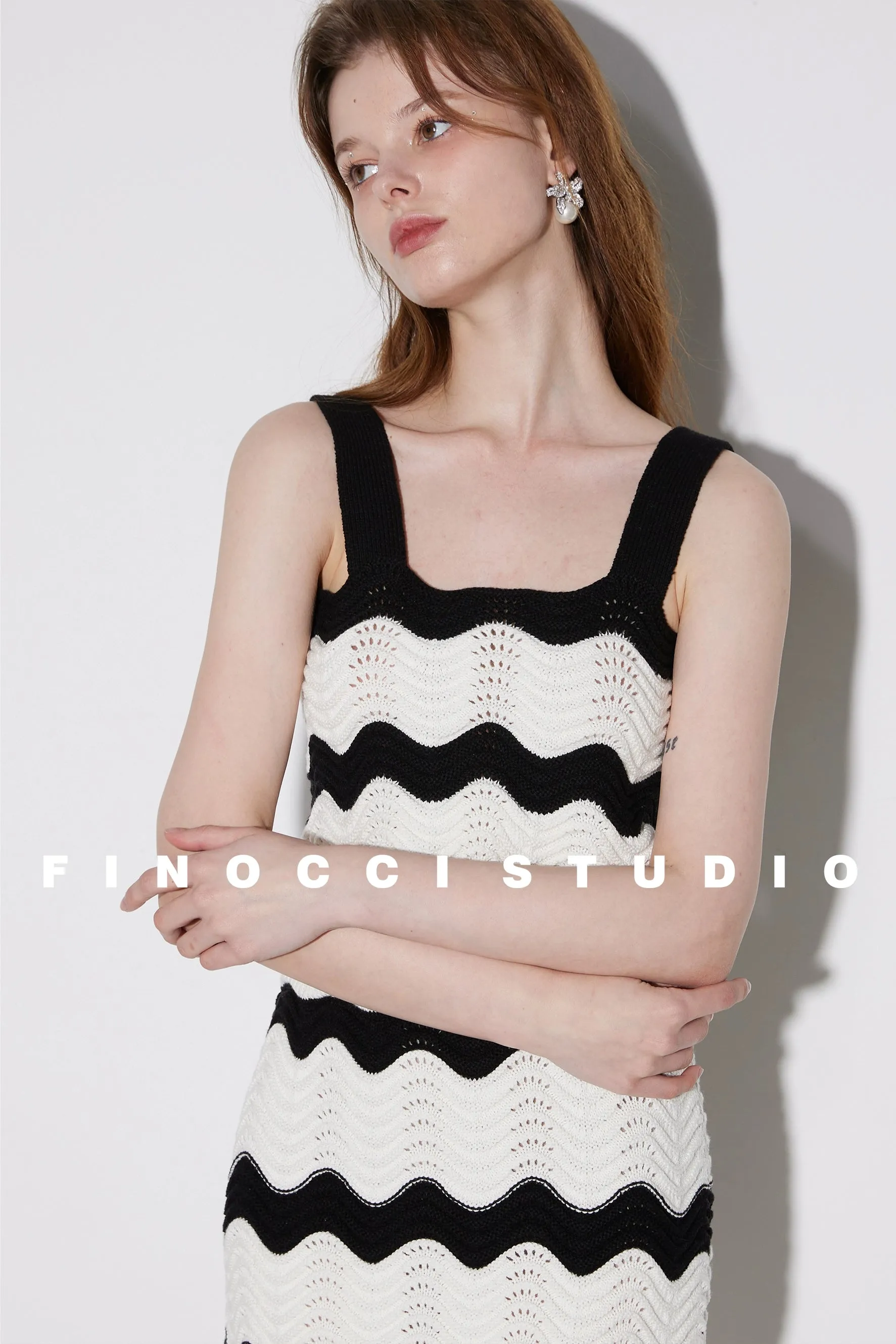 Waves colorblock  holiday vacation  Knitted Cotton top Vest  Skirt Set - Biare