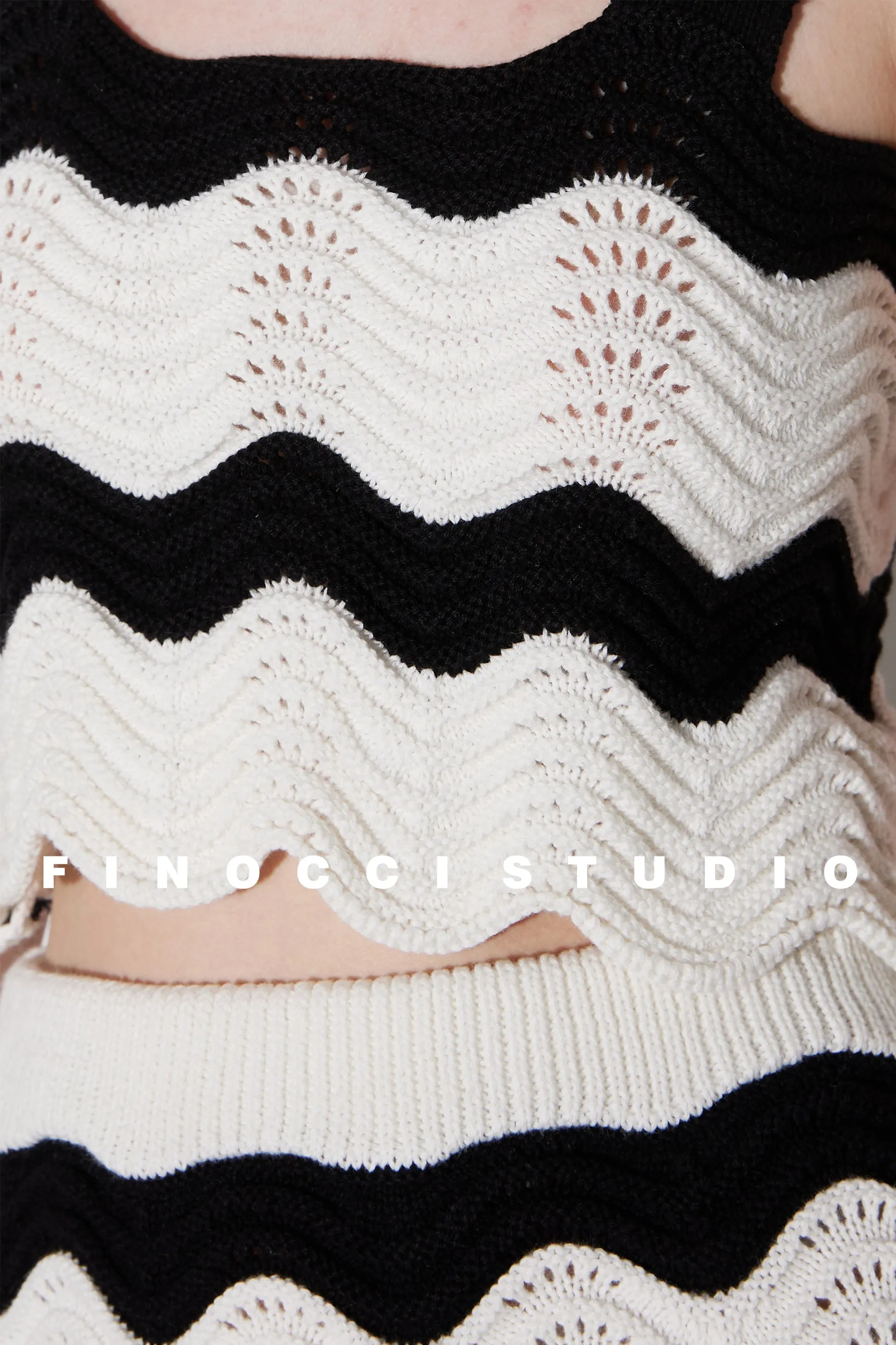 Waves colorblock  holiday vacation  Knitted Cotton top Vest  Skirt Set - Biare