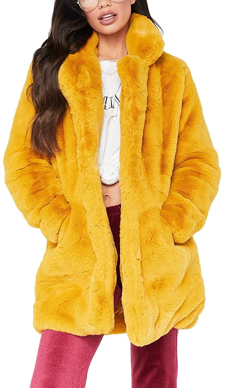 Winter Black Long Sleeve Faux Fur Coat