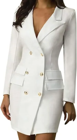Women Blazer Dress Long Sleeve Notch Lapel Sexy Elegant Formal Suit Jackets Double Breasted Button Business Coat