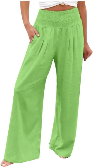 Women Summer Smocked Cotton Linen Palazzo Pants High Waisted Wide Leg Lounge Pant Boho Trousers Joggers with Pockets