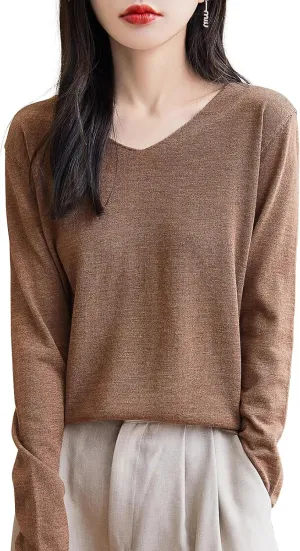 Women's 100% Merino Wool Base Layer Shirt Tops V Neck Long Sleeve Travel Hiking Tee T Shirt Pullover Sweater