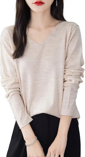 Women's 100% Merino Wool Base Layer Shirt Tops V Neck Long Sleeve Travel Hiking Tee T Shirt Pullover Sweater