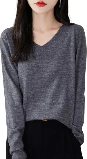 Women's 100% Merino Wool Base Layer Shirt Tops V Neck Long Sleeve Travel Hiking Tee T Shirt Pullover Sweater