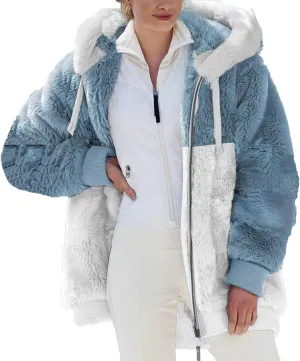 Womens 2023 Winter Fuzzy Fleece Jacket Hooded Color Block Patchwork Cardigan Coats