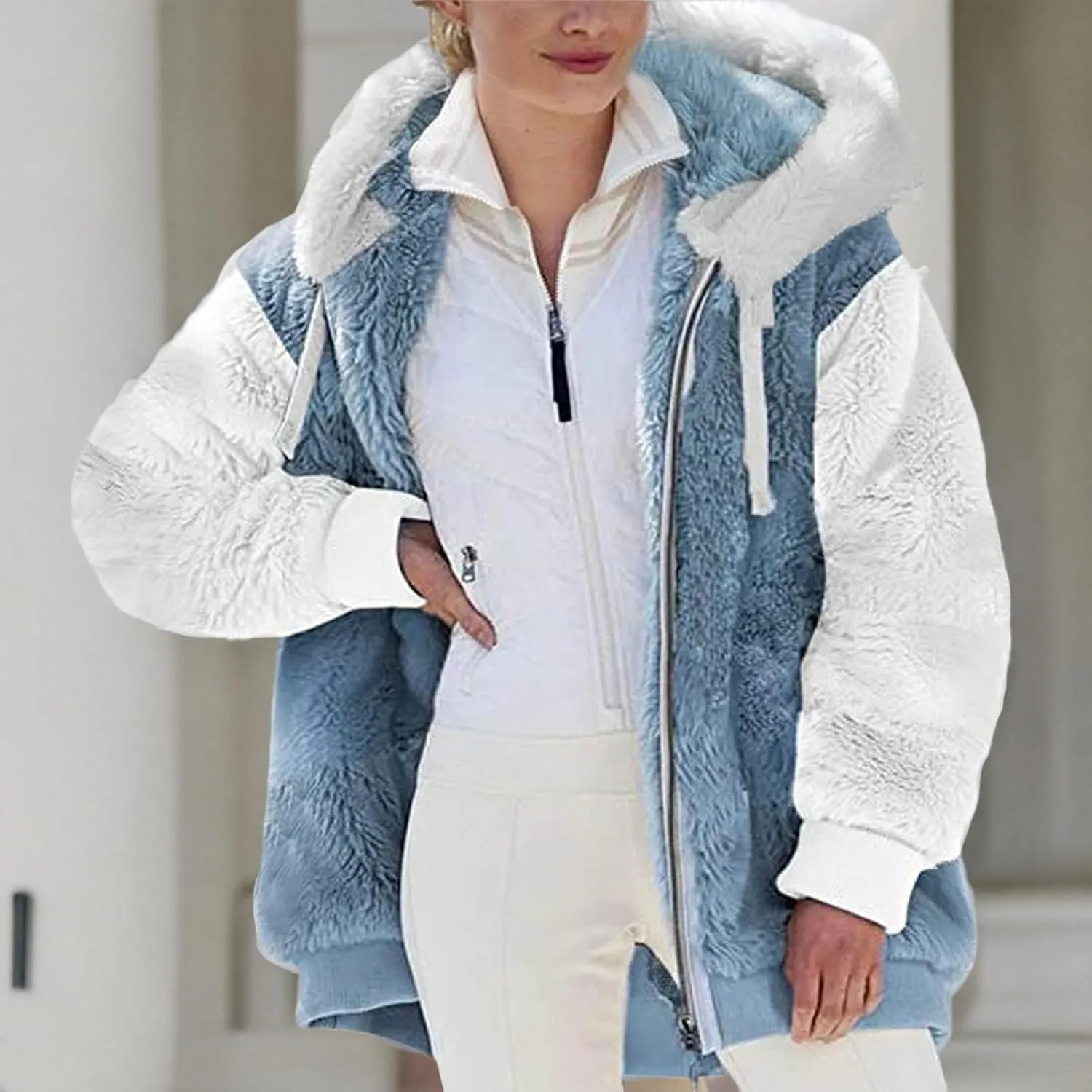Womens 2023 Winter Fuzzy Fleece Jacket Hooded Color Block Patchwork Cardigan Coats