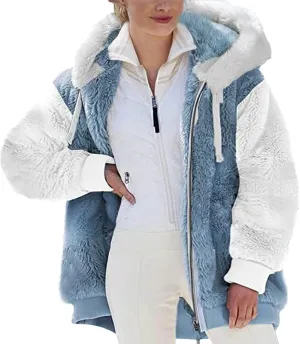 Womens 2023 Winter Fuzzy Fleece Jacket Hooded Color Block Patchwork Cardigan Coats