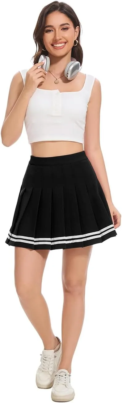 Womens Stretchy Pleated Mini Skirt Comfort High Waist Cheerleader School Uniform Skirt