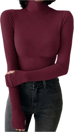 Women's Turtleneck Knitted T Shirt Long Sleeve Slim Fit Basic Tee Tops Casual Undershirts