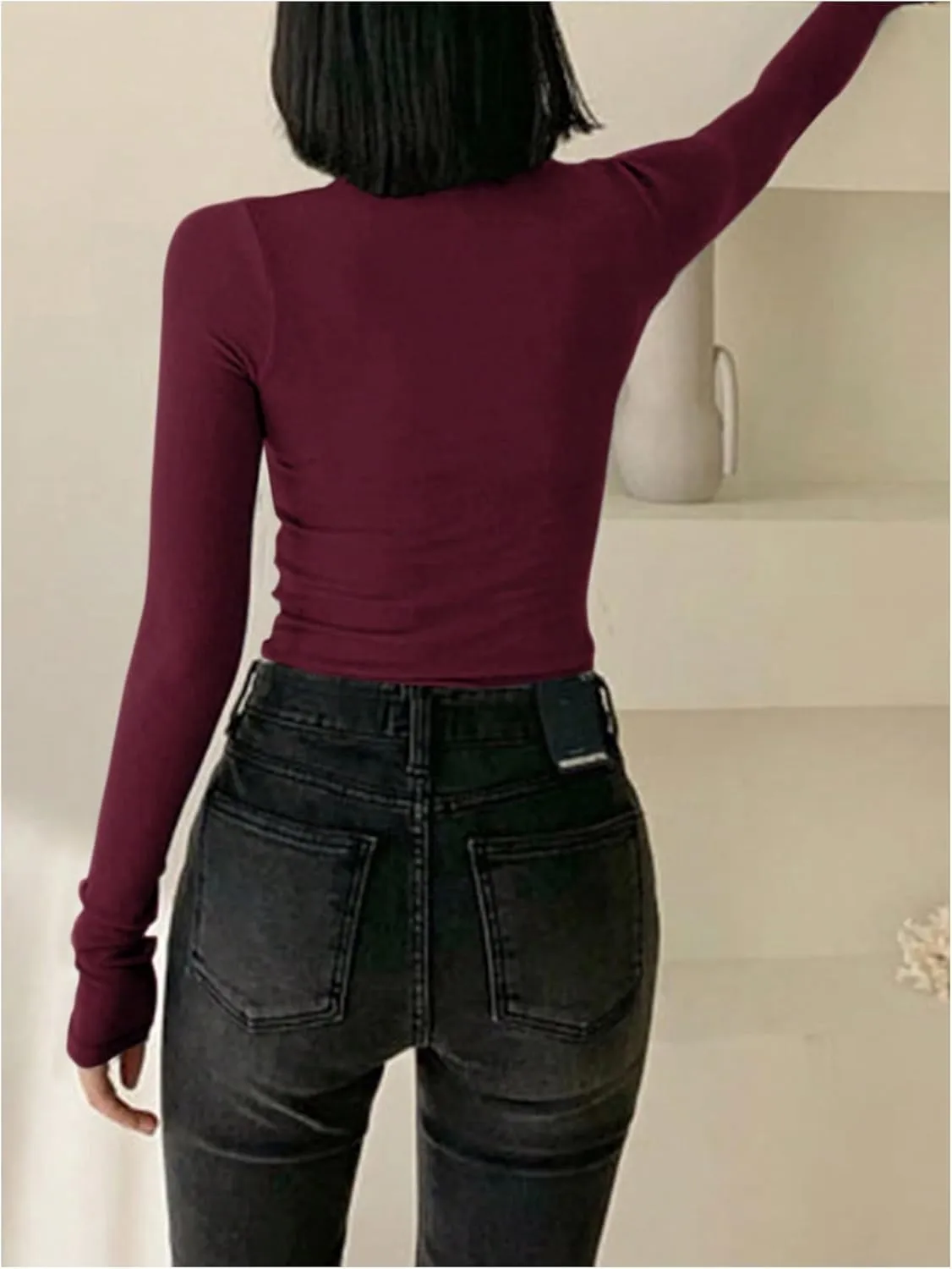 Women's Turtleneck Knitted T Shirt Long Sleeve Slim Fit Basic Tee Tops Casual Undershirts