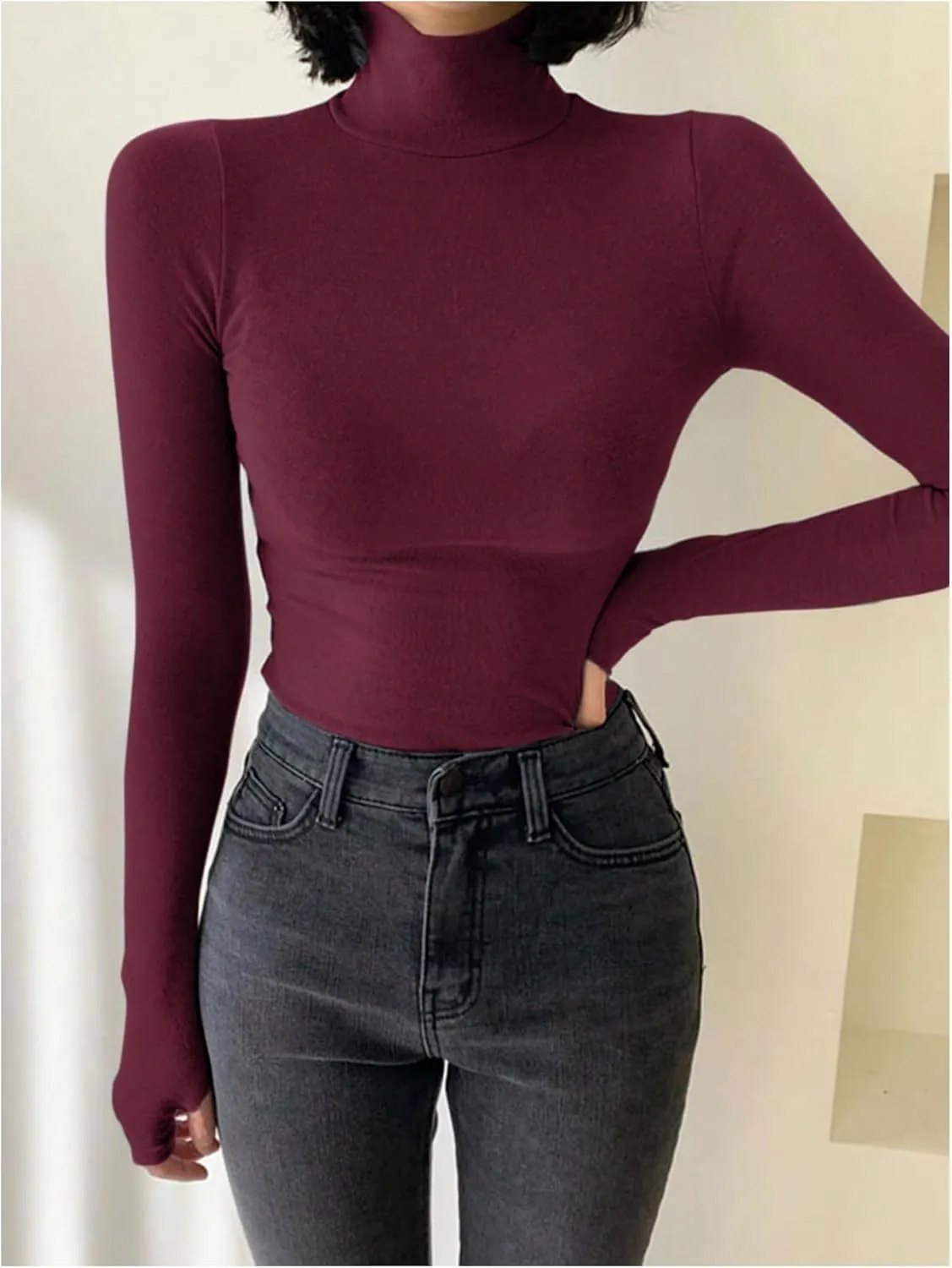 Women's Turtleneck Knitted T Shirt Long Sleeve Slim Fit Basic Tee Tops Casual Undershirts