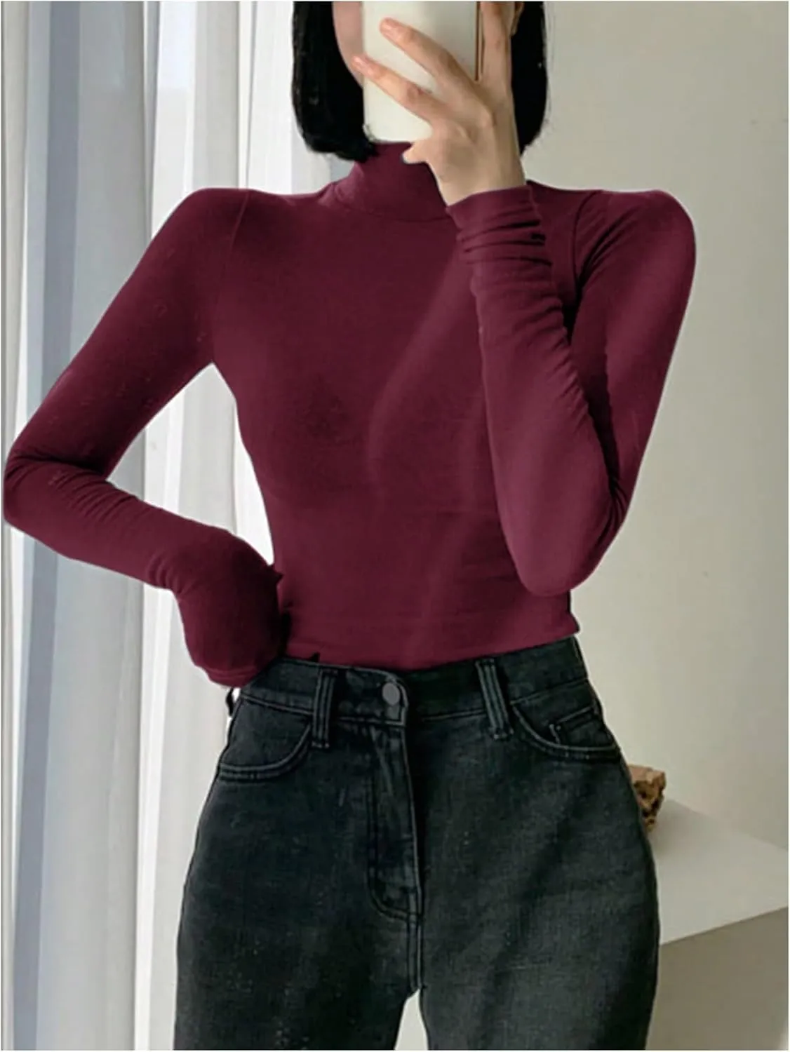 Women's Turtleneck Knitted T Shirt Long Sleeve Slim Fit Basic Tee Tops Casual Undershirts