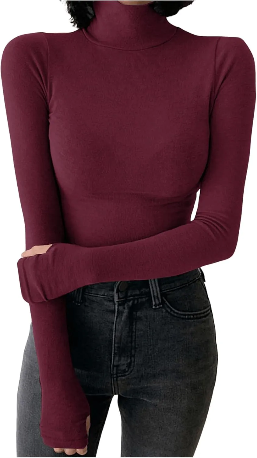 Women's Turtleneck Knitted T Shirt Long Sleeve Slim Fit Basic Tee Tops Casual Undershirts