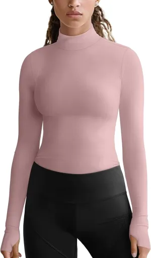 Zengjo Mock Neck Long Sleeve Workout Top, Thumb Hole Athletic Shirts for Women Running Yoga Lightweight Thermal Baselayer