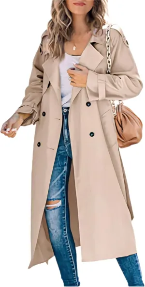 Zontroldy Women's Double Breasted Long Trench Coat Lapel Solid Color Windbreaker Jacket with Belt